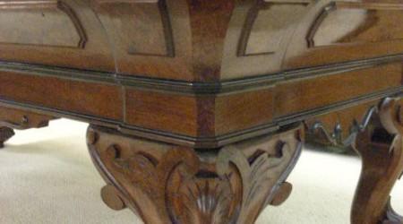Corner and leg carvings of restored Jacob Strahle Standard antique billiard table